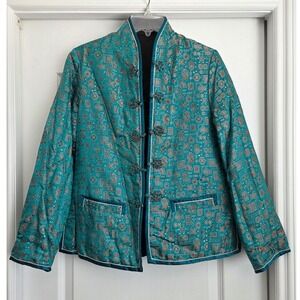 SolzSquirrel Reversible Silk Rayon Asian Style Floral Teal Black Jacket Sz M VTG